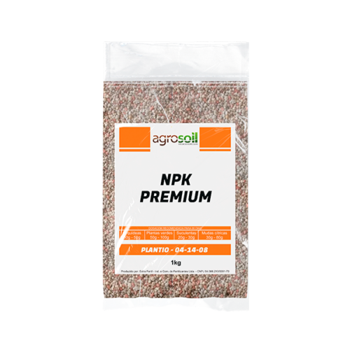 Embalagem de 1kg do fertilizante NPK Premium 04-14-08 da AgroSoil, ideal para o plantio e desenvolvimento de diversas culturas.
