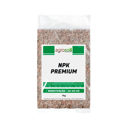 Embalagem de 1kg do fertilizante NPK Premium 10-10-10 da AgroSoil, ideal para manutenção e nutrição equilibrada das plantas.
