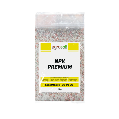 Embalagem de 1kg do fertilizante NPK Premium 20-05-20 da AgroSoil, indicado para fase de enchimento e desenvolvimento de frutos.