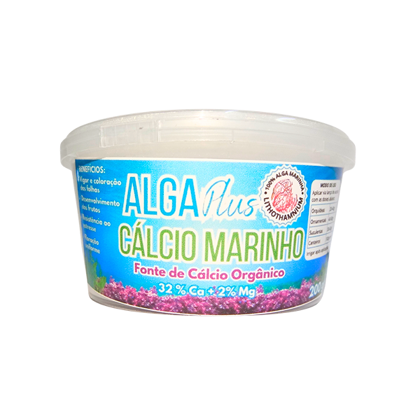 Pote de 200g do suplemento Alga Plus Cálcio Marinho, fonte de cálcio orgânico para nutrição vegetal.