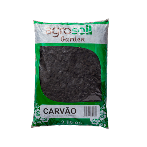 Saco de 3 litros de carvão vegetal AgroSoil Garden, ideal para substratos e jardinagem.