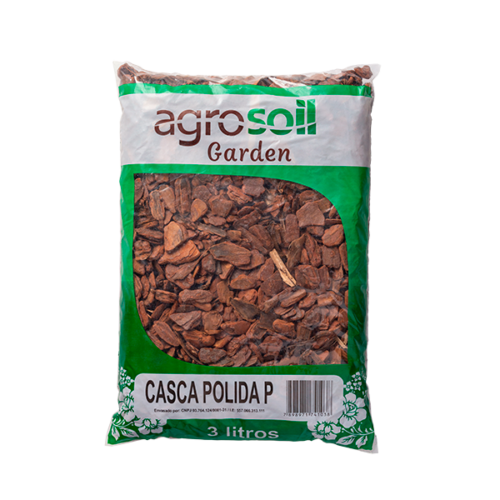 Saco de 3 litros de Casca Polida P AgroSoil Garden, substrato natural para cobertura e decoração de vasos e jardins.