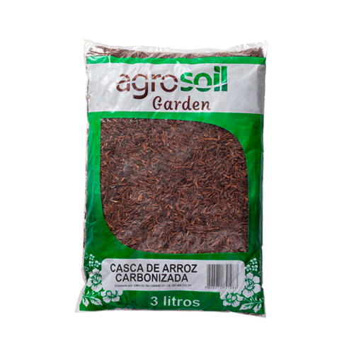 Saco de 3 litros de casca de arroz carbonizada AgroSoil Garden, substrato para jardinagem e cultivo.