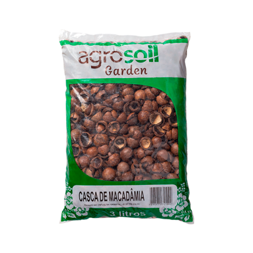 Saco de 3 litros de casca de macadâmia AgroSoil Garden, ideal para jardinagem e substratos.