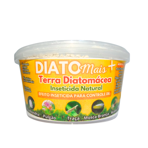 Pote de Terra Diatomácea DiatoMais+, inseticida natural eficaz no controle de cochonilhas, pulgões, traças, mosca branca e ácaros.