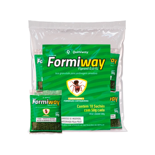 Embalagem do formicida Formiway da Quimiway, com isca granulada à base de Fipronil 0,01% para controle de formigas cortadeiras.