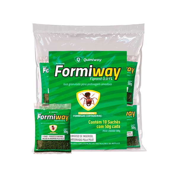 Embalagem do formicida Formiway da Quimiway, com isca granulada à base de Fipronil 0,01% para controle de formigas cortadeiras.