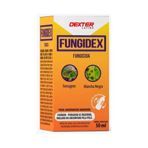 Embalagem do fungicida Fungidex da Dexter Latina, indicado para controle de ferrugem e mancha negra em plantas.