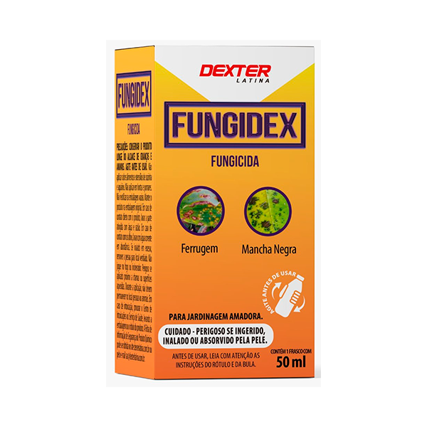 Embalagem do fungicida Fungidex da Dexter Latina, indicado para controle de ferrugem e mancha negra em plantas.