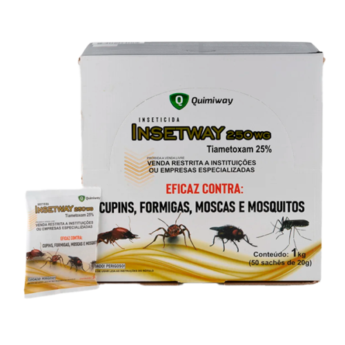 Embalagem do inseticida Insetway 250 WG da Quimiway, eficaz contra cupins, formigas, moscas e mosquitos.