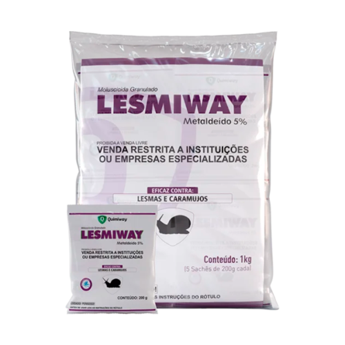 Embalagem do moluscicida Lesmiway da Quimiway, utilizado para controle de lesmas e caramujos.