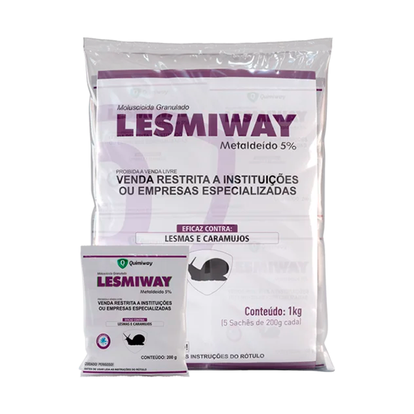 Embalagem do moluscicida Lesmiway da Quimiway, utilizado para controle de lesmas e caramujos.
