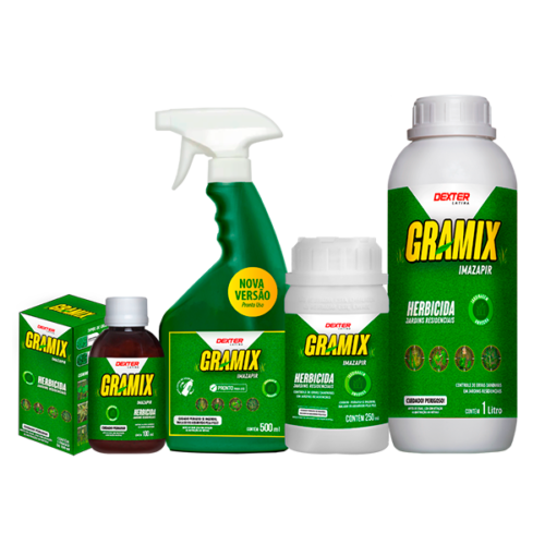 Linha de herbicidas Gramix da Dexter Latina, à base de Imazapir, disponível em diferentes embalagens para controle de ervas daninhas.