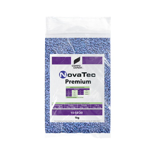 Embalagem de 1kg do fertilizante NovaTec Premium 15-03-20 da COMPO EXPERT, ideal para hortaliças, frutas, tomates e cítricos.
