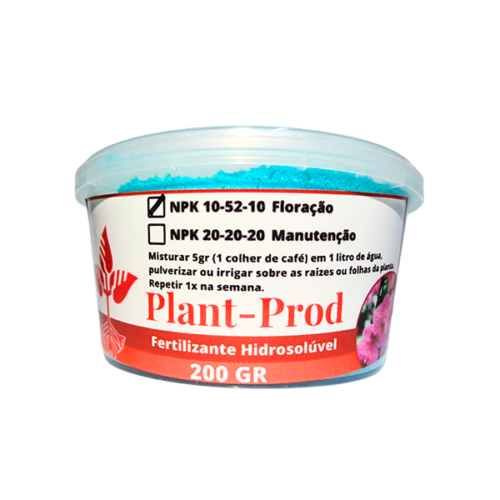 Pote de 200g do fertilizante hidrossolúvel Plant-Prod, com fórmulas NPK 10-52-10 para floração e NPK 20-20-20 para manutenção das plantas.