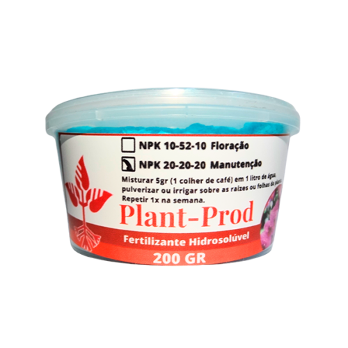 Pote de 200g do fertilizante hidrossolúvel Plant-Prod, disponível nas fórmulas NPK 10-52-10 para floração e NPK 20-20-20 para manutenção das plantas.