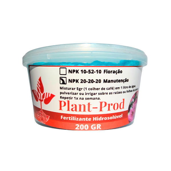 Pote de 200g do fertilizante hidrossolúvel Plant-Prod, disponível nas fórmulas NPK 10-52-10 para floração e NPK 20-20-20 para manutenção das plantas.