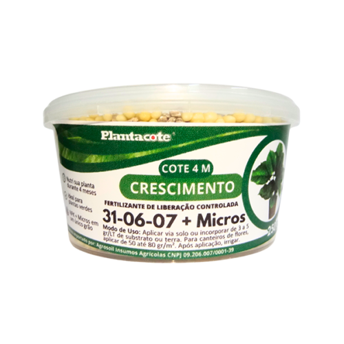 Pote de 250g do fertilizante de liberação controlada Plantacote Cote 4M Crescimento, com fórmula NPK 31-06-07 + Micros, ideal para o desenvolvimento de plantas.