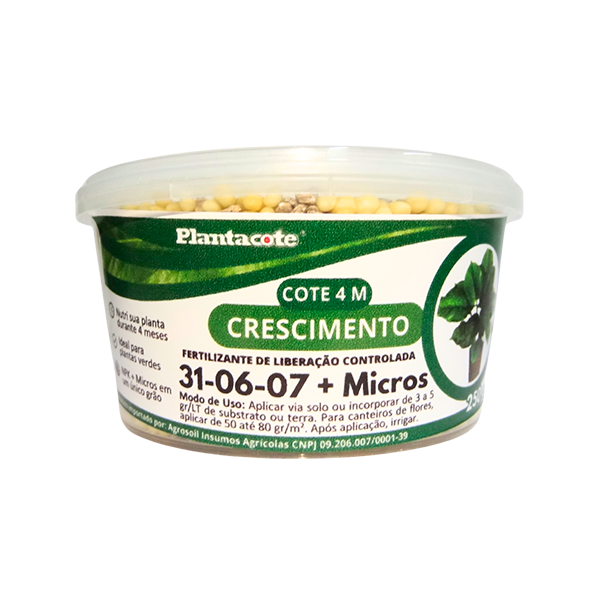 Pote de 250g do fertilizante de liberação controlada Plantacote Cote 4M Crescimento, com fórmula NPK 31-06-07 + Micros, ideal para o desenvolvimento de plantas.