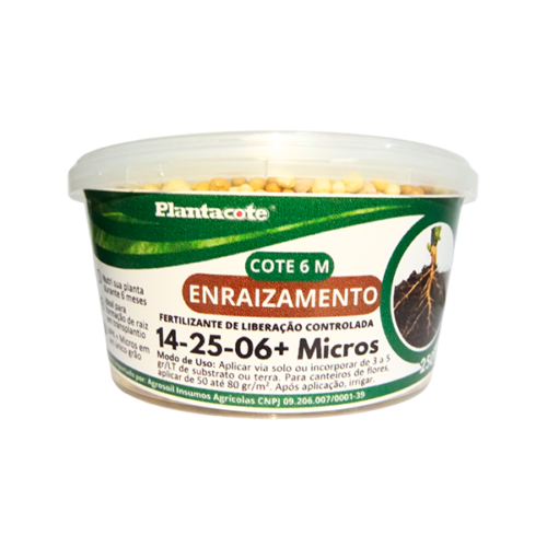 Pote de 250g do fertilizante de liberação controlada Plantacote Cote 6M Enraizamento, com fórmula NPK 14-25-06 + Micros, indicado para fortalecimento e desenvolvimento das raízes.