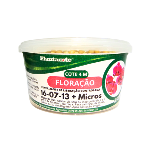 Pote de 250g do fertilizante de liberação controlada Plantacote Cote 4M Floração, com fórmula NPK 16-07-13 + Micros, indicado para estimular o florescimento das plantas.