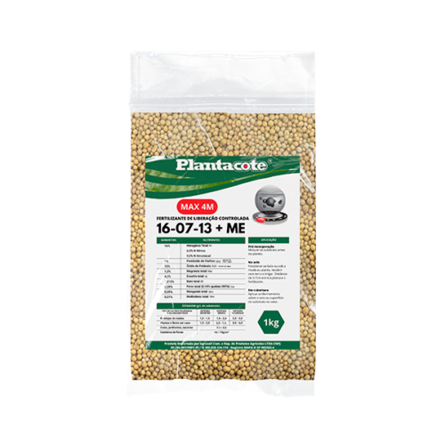 Saco de 1kg do fertilizante de liberação controlada Plantacote MAX 4M, com fórmula NPK 16-07-13 + micronutrientes (ME), indicado para nutrição de plantas e cultivos.