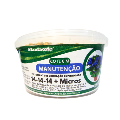 Pote de 250g do fertilizante Plantacote Cote 6M Manutenção, com fórmula NPK 14-14-14 + Micros, ideal para nutrição equilibrada de plantas por até 6 meses.