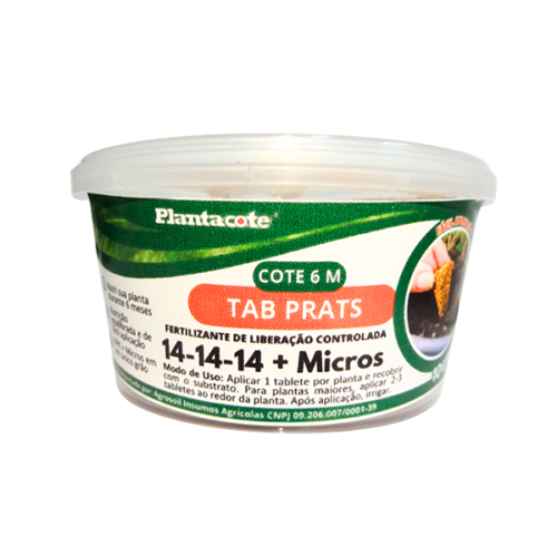 Pote de 250g do fertilizante Plantacote Cote 6M Tab Prats, com NPK 14-14-14 + Micros, indicado para liberação controlada de nutrientes em plantas.