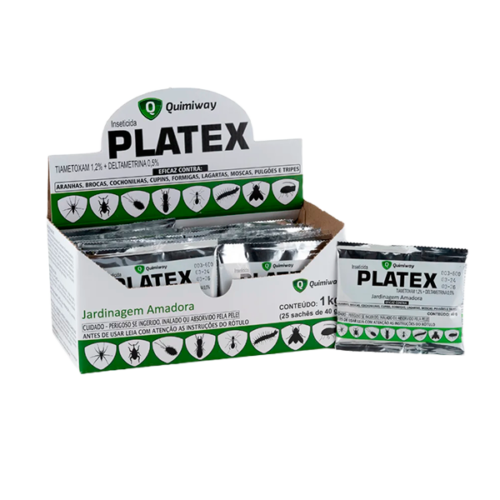 Embalagem do inseticida Platex da Quimiway, contendo sachês para controle de pragas como aranhas, formigas e cupins.