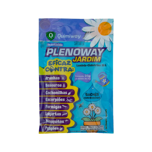 Embalagem do inseticida Plenoway Jardim da Quimiway, eficaz contra pragas como aranhas, besouros, escorpiões e pulgões.