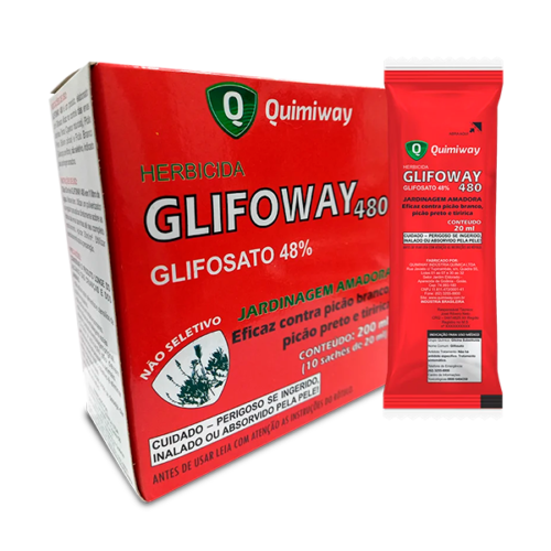 Embalagem do herbicida Glifoway 480 da Quimiway, à base de Glifosato 48%, indicado para jardinagem amadora e controle de ervas daninhas.