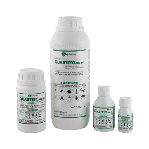 Frascos do inseticida Quarteto 400 SC da Quimiway, disponível em diferentes tamanhos, para controle de insetos e pragas urbanas.