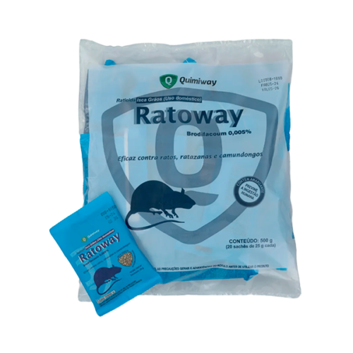 Embalagem do raticida Ratoway da Quimiway, contendo sachês de isca granulada para controle de roedores.