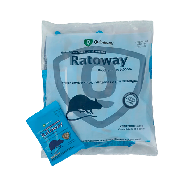 Embalagem do raticida Ratoway da Quimiway, contendo sachês de isca granulada para controle de roedores.