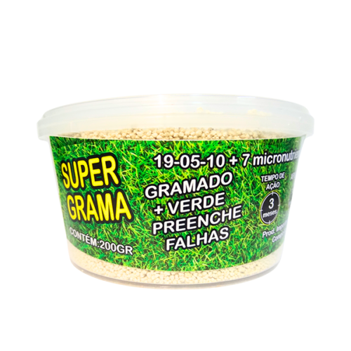 Pote de 200g do fertilizante Super Grama, fórmula NPK 19-05-10 + 7 micronutrientes, indicado para gramados mais verdes e preenchimento de falhas.