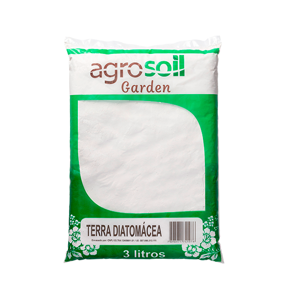 Saco de 3 litros de Terra Diatomácea AgroSoil Garden, produto natural utilizado como inseticida e condicionador de solo.