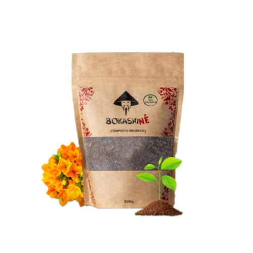 Embalagem de 500g do composto orgânico Bokashi Né, fertilizante natural para melhoria do solo e nutrição das plantas.