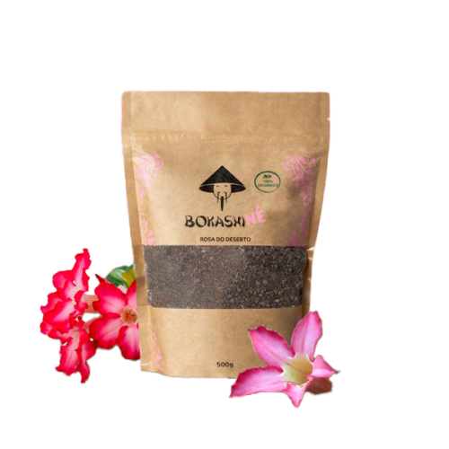 Embalagem de 500g do adubo orgânico Bokashi Né, indicado para cultivo de rosa do deserto e outras plantas ornamentais.
