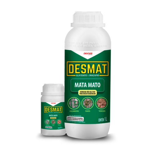Frascos do herbicida Desmat da Dexter Latina, com glifosato e imazapir, indicado para controle de ervas daninhas em calçadas, pavers e terrenos.