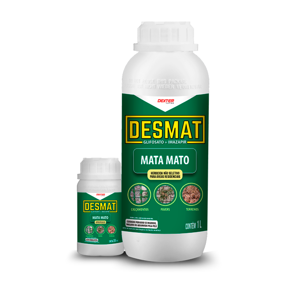 Frascos do herbicida Desmat da Dexter Latina, com glifosato e imazapir, indicado para controle de ervas daninhas em calçadas, pavers e terrenos.