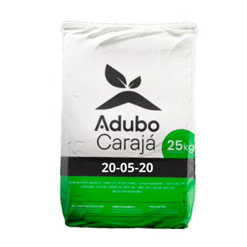 Saco de 25 kg de fertilizante 20-05-20 da marca Adubo Carajá, com parte inferior verde e topo branco.