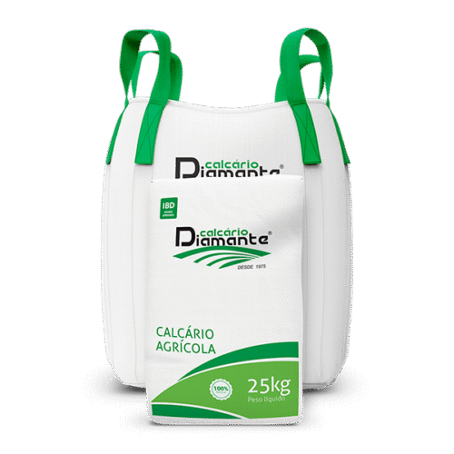 Sacos e big bags de Calcário Diamante, produto agrícola para correção de solo, com embalagem de 25 kg.