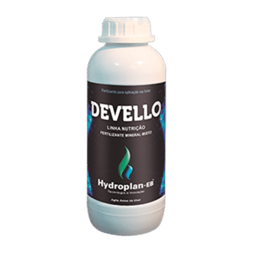 Frasco branco de DeVello Hydroplan-EB com rótulo preto e detalhes azulados.
