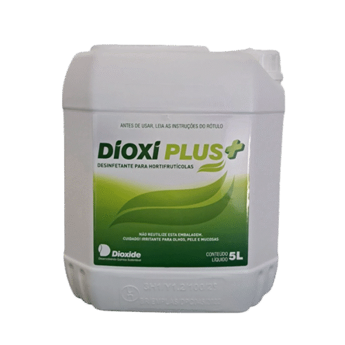 Galão de 5 litros do desinfetante agrícola Dioxi Plus+ para hortifrutícolas.