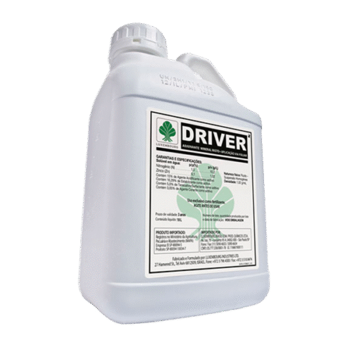 Galão do adjuvante agrícola Driver com rótulo técnico, utilizado em pulverizações foliares.