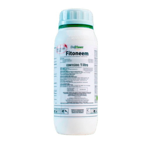 Frasco branco de 1 litro do produto Fitoneem da marca DalNeem Brasil, com rótulo detalhado contendo informações técnicas e modo de uso.