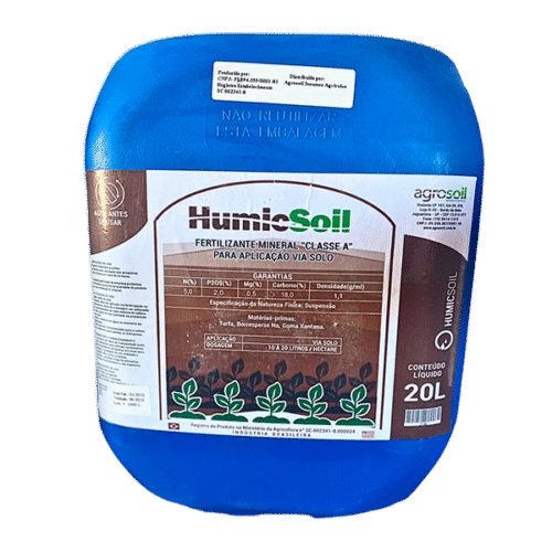 Tambor azul de 20 litros do HumicSoil, fertilizante mineral classe A para aplicação via solo.