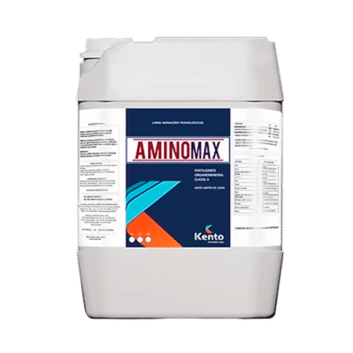 Galão de fertilizante Aminomax da Kento com rótulo azul escuro.