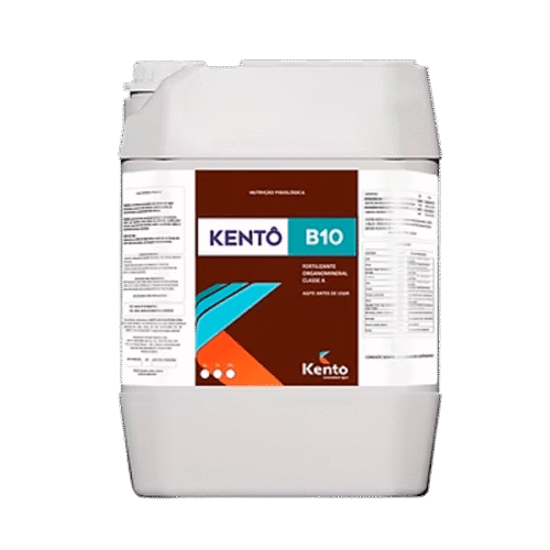 Galão de fertilizante Kento B10 com rótulo marrom.