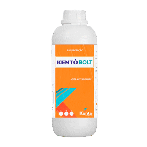Frasco branco do biofertilizante Kentô Bolt da Kento, com rótulo laranja, azul e verde.